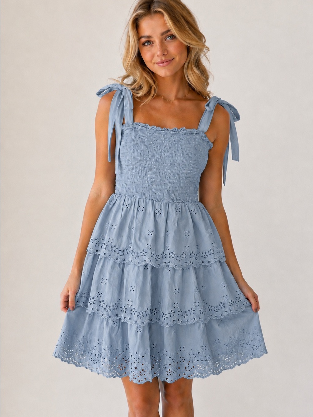 American Eagle Blue Chambray Eyelet Smocked Tie Strap Tiered Mini Dress Small